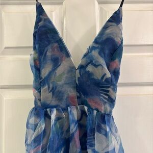 Blue floral organza backless gown